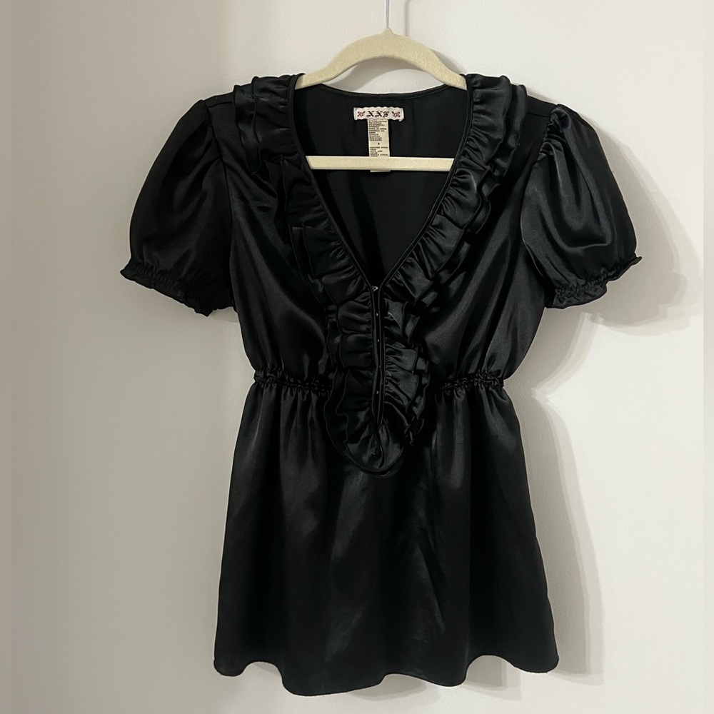 Black Satin VNeck Ruffle Babydoll Top Sz S Whimsigoth Fairycore Grunge
